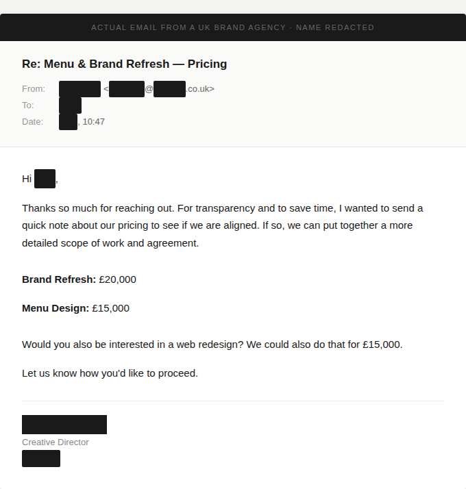 An email from a UK brand agency quoting £20,000 for brand refresh, £15,000 for menu design, and £15,000 for website redesign.